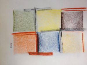 Arlequin six carrés, dessin pastels secs