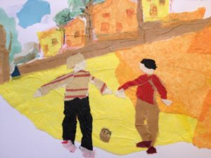 Les deux frères jouent dans la rue : crayon, aquarelle et papier déchiré